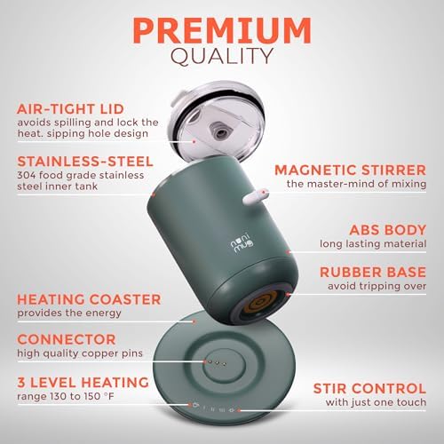 Self Stirring Coffee Mug - 10 Oz No Batteries Smart Dual Function 3 Temperature Levels Control to Stir & Heat Beverages - Powerful 12V Electric Cup in a Gift Box (Green) - Image 2