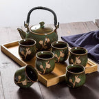 KEYDUACU Japanese Tea Set, Kiln-Formed Ceramic Tea Set, Plum Blossom Embossed, Includes 1 Teapot, 6 Teacups,Tea Tray,Strainer, Used for home, outdoor, gift, Chinese Kung Fu Tea Set(FDMH-GREEN) - Image 6