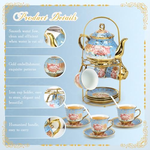 ALIMOTA 20 Pcs Porcelain Tea Set with Metal Holder and Spoon, European Ceramic Tea Set for Adults, European Flower Painting Teapot Cup Saucer Spoon Set for 6, Gift Pack (Blue) - Image 7