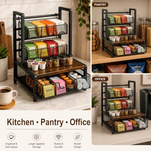 Tea Bag Organizer Countertop Storage 3 Tier Wire Basket Drawer - Brown - Image 5