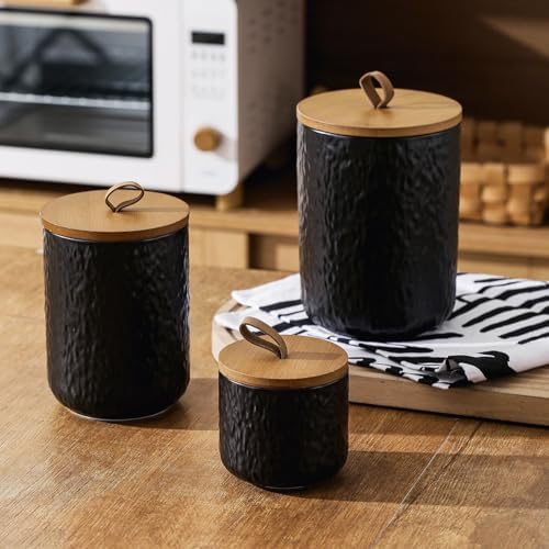 Black White Ceramic Coffee Canister Tea Canister with Seal Wood Lid, Airtight Coffee Storage Container for Coffee Bean, Ground Coffee, Sugar, Cookie Candy jar (Black three piece) - Image 3