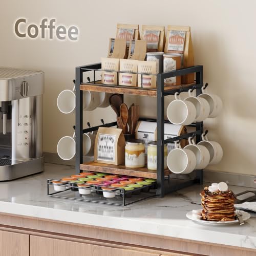 HOOBRO Coffee Mug Cup Holder, Tree Bar Station Organizer for Countertop, 12 Hooks Mug Stand Rack & Sliding Drawer intended for 30 K-Cup Pods, 2 Tier Mug Display Stand, Rustic Brown and Black BF11TL01 - Image 2