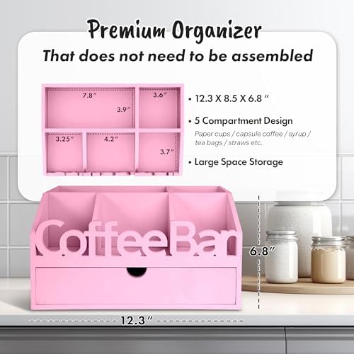 Coffee Bar Organizer Countertop, Wood Coffee Station with Drawer, Pink - Image 4
