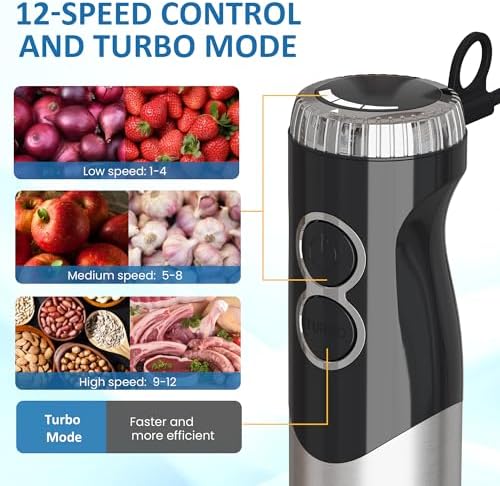 6 in 1 Professional Immersion Blender, Heavy Duty Hand Blender with 12-Speed & 10 Attachments, 20OZ Food Chopper, Whisk, Potato Masher, Juicer, Milk Frother Electric Handheld Mixer - Image 3