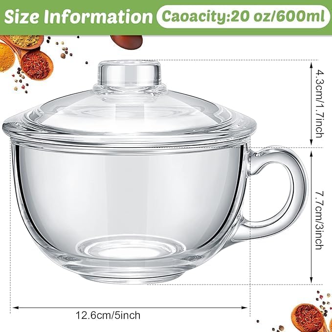 2 Pcs Glass Ramen Bowl with Lid and Handle, Microwave Safe Soup Bowl Mixing Pot Transparent Cooking Cereal Bowls Breakfast Bowls for Noodles Soup Cereals Fruits(600 ml/ 20 oz) - Image 2