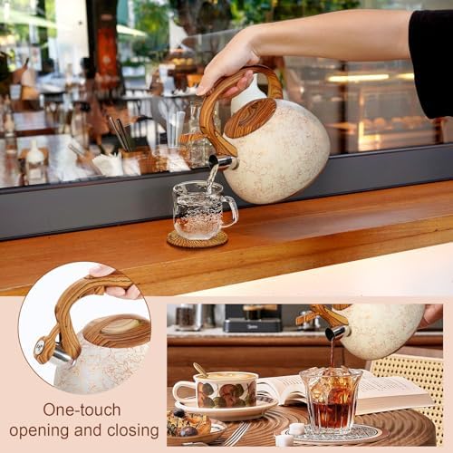 GGC Tea Kettle for Stove Top, Loud Whistling Kettle for Boiling Water Coffee or Milk, 3.1 Quart Stainless Steel Art Line White Pot with Wood Pattern Handle, Unique Button Control Outlet - Image 5