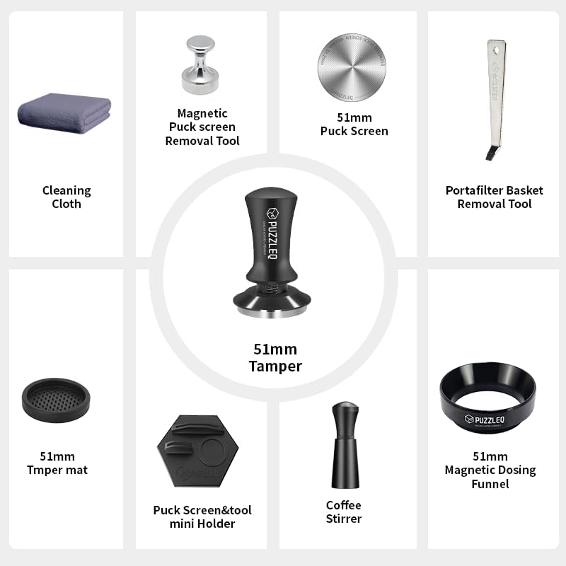 51mm Espresso Accessories Kit, Spring Loaded Calibrated Tamper,mat，WDT Tool，Dosing Funnel，Puck Screen kit，Basket Removal Tool ，Cleaning ClothSet， Fits Espresso Coffee Machines and 51 mm Portafilters - Image 2