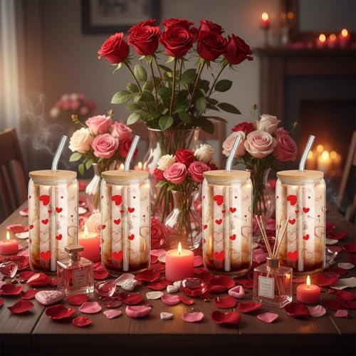 6 Pcs Glass Cups with Lids and Straws 16 oz Hearts Coffee,Red - Image 3