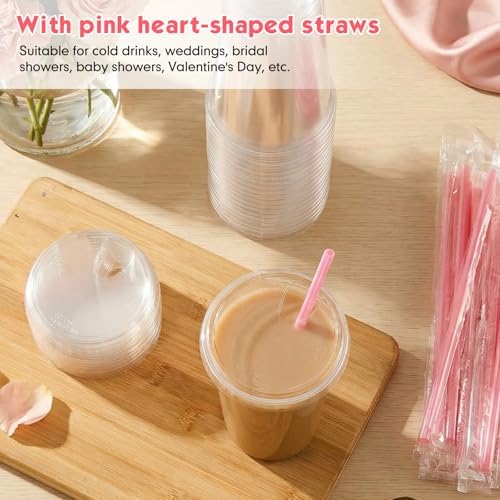 Ziliny 50 Sets Plastic Cups with Pink Heart Straws and Lids, Clear, 20 oz - Image 5