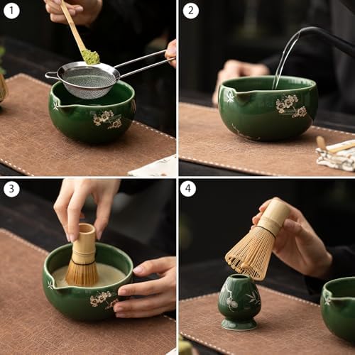 Matcha Whisk Set,8 Pcs Ceramic Matcha Set for Ceremony,Matcha Whisk kit with Bowl,Bamboo Whisk and Holder,Scoop,Sifter,Gift for Matcha Lovers Family and Friend Green - Image 3