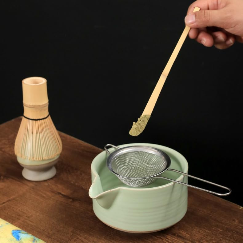 Japanese Matcha Tea Set of 7 Ceremony Matcha Kit with Matcha Bowl(Chawan) with Pouring Spout, Matcha Whisk (Chasen), Scoop (Chashaku), Ceramic Whisk Holder, Scoop Stand，Sifter,Tea Napkin Green - Image 2