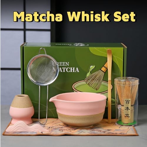 7Pcs Japanese Matcha Whisk Set, Ceramic Matcha Kit with Matcha Bowl,Matcha Whisk, Scoop, Sifter, Whisk Holder Unique Gifts for Matcha Lovers,Gift Box Packaging (Pink) - Image 2