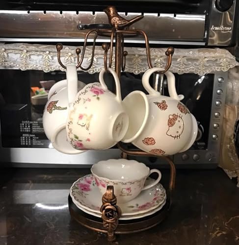 Coffee Mug Tree, Coffee Cup Holder for Countertop with 6 Hooks, Tea Cup Holder with Small Storage Area Metal Mug Rack Display for Counter Top Kitchen Organizer,Bronze - Image 4