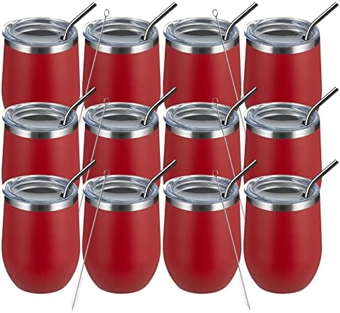 MEWAY 12oz/12 Pack Wine Tumbler Glasses with Lid -Double Wall Vacuum Stainless Steel Travel Tumbler Mug,Stemless Insulated Wine Cup for,Coffee,Cocktails,Gifts (Red,Set of 12) by MEWAY