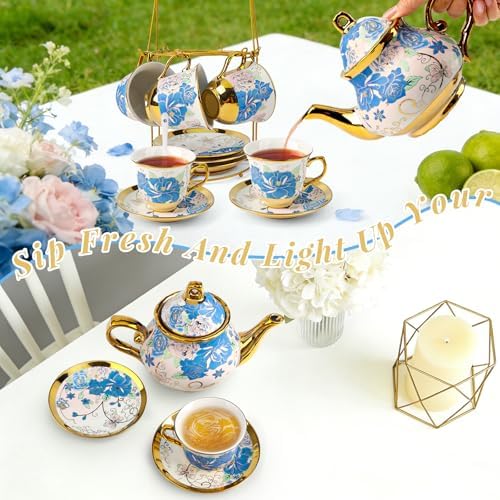 ALIMOTA 20 Pcs Porcelain Tea Set with Metal Holder and Spoon, European Ceramic Tea Set for Adults, European Flower Painting Teapot Cup Saucer Spoon Set for 6, Gift Pack (Blue and Pink) - Image 3