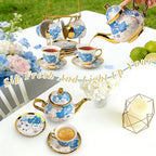 ALIMOTA 20 Pcs Porcelain Tea Set with Metal Holder and Spoon, European Ceramic Tea Set for Adults, European Flower Painting Teapot Cup Saucer Spoon Set for 6, Gift Pack (Blue and Pink) - Image 3