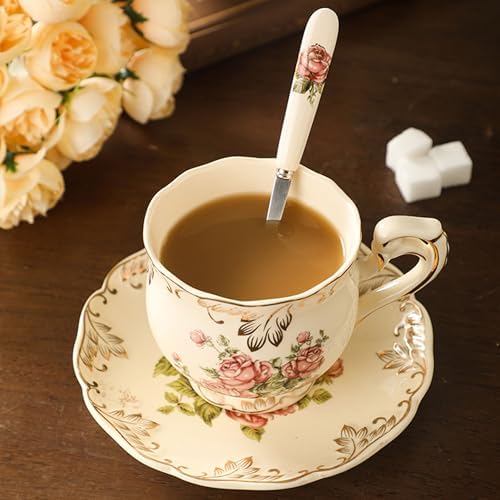 Tea Cups and Saucers Set of 6, 8 Oz Ivory Porcelain Teacups with Pink Rose Floral Pattern, Trim Vintage European Style Teacup Sets with Spoons for Afternoon Tea & Home Entertaining - Image 6