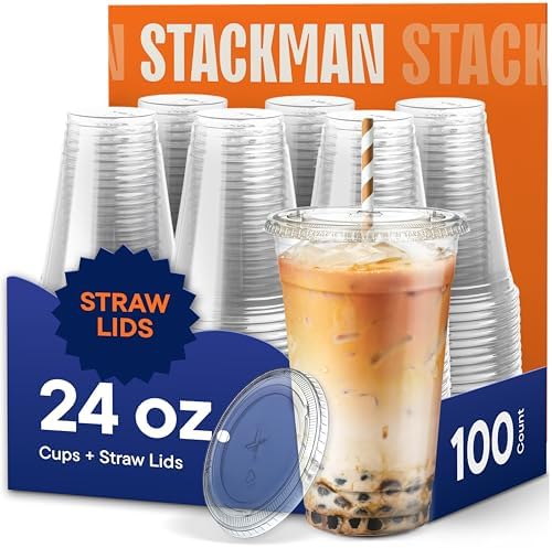 Stack Man [100 Sets - 24 oz.] Clear Plastic Cups with Straw Slot Lid, PET Crystal Clear Disposable 24oz Plastic Cups with lids by StackMan