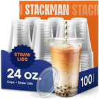 Stack Man [100 Sets - 24 oz.] Clear Plastic Cups with Straw Slot Lid, PET Crystal Clear Disposable 24oz Plastic Cups with lids by StackMan
