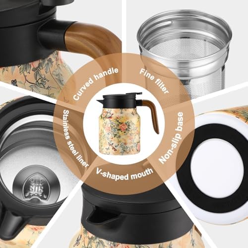 LemonRoad 2 Pcs 35 oz Vintage Floral Pattern Tea Pot with Infuser | Stainless Steel Insulated Tea Pot with Lid and Wooden Handle Thermal Carafe for Hot Drinks Coffee(Green, Pink) - Image 3