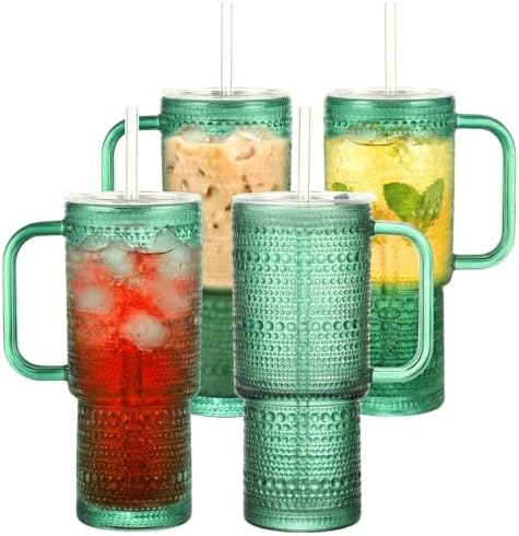 20 oz Green Glass Tumbler with Lid and Straw, Glass Iced Coffee Cups, Spill-proof Glasses Tumbler with Handle, Glasses Drinking Set of 4, Vintage Glassware for Cocktail, Smoothies by Unknown