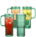 20 oz Green Glass Tumbler with Lid and Straw, Glass Iced Coffee Cups, Spill-proof Glasses Tumbler with Handle, Glasses Drinking Set of 4, Vintage Glassware for Cocktail, Smoothies by Unknown