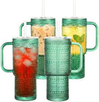 20 oz Green Glass Tumbler with Lid and Straw, Glass Iced Coffee Cups, Spill-proof Glasses Tumbler with Handle, Glasses Drinking Set of 4, Vintage Glassware for Cocktail, Smoothies by Unknown