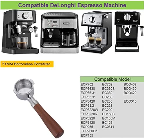 51mm Bottomless Portafilter Compatible with DeLonghi Espresso Machine Stainless Steel 51mm Portafilter 2 Ear for ECP3420/ECP3630/ECP3120/EC260BK/EC265/EC155/EC702/BCO430 Handle-RoseWooden - Image 6