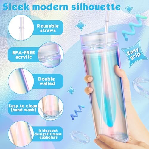 Tujoe 12 Pack Iridescent Skinny Tumbler with Lid Straw Insulated, 16 oz - Image 2