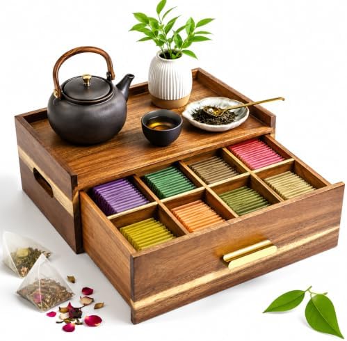 Acacia Wood Tea Bag Organizer 8 Compartment Storage Box & Organizer with Drawer Tea Bag Holder Container Chest,Coffee Station Sugar Packet Display for Countertop, Pantry, Office Cabinet by Unknown