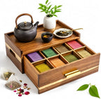 Acacia Wood Tea Bag Organizer 8 Compartment Storage Box & Organizer with Drawer Tea Bag Holder Container Chest,Coffee Station Sugar Packet Display for Countertop, Pantry, Office Cabinet by Unknown