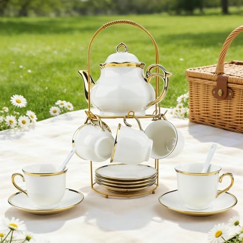 20-Piece Porcelain Tea Sets for Adults, British Style Tea Party Sets for 6 Adults, Includes Tea Cups and Saucers, Teapot, Spoons & Metal Rack, Elegant Ceramic Tea Set for Women, Wedding & Home Decor - Image 5