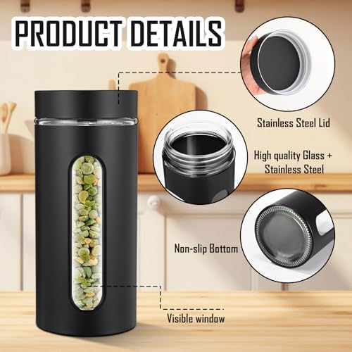 Mimorou 3 Pcs Stainless Steel Canister Set with Glass Windows Visible Storage Jars Silver Kitchen Canister Set for Pasta Flour Oat Sugar Container, Kitchen Tools, Housewarming Gifts(Black,44 oz) - Image 3