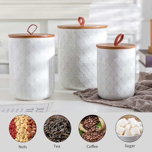 White Ceramic Canisters Set with Airtight Lids, 82/48/30 oz Coffee Canisters Sets for the Kitchen, Large Jars for Flour, Sugar, Pasta, Coffee, Cookies, Tea - Set of 3, Embossed Pattern - Image 4