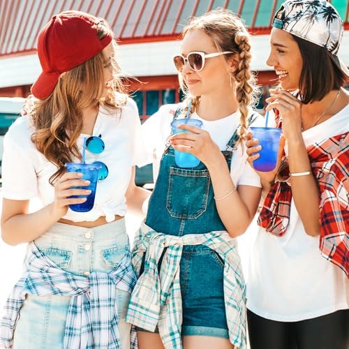 tchrules 100 Set 16oz Blue Round Bottom Plastic Cups with Lids and Straws - Image 4