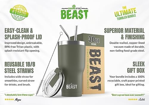 Beast 30 oz Tumbler Stainless Steel Vacuum Insulated Coffee Ice Cup Double Wall Travel Flask (Army Green) - Image 2
