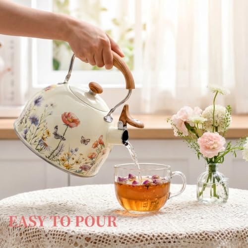 Sylfaen Tea Kettle for Stove Top, 2.5 Quart Floral Whistling Kettle, Beige - Image 3
