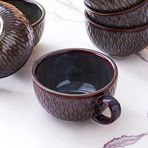 Coffeezone Set of 6 Cups Vintage Design 12 oz Professional Barista Ceramic Latte Art Cappuccino Cups Set (Embossed Grey * 6) - Image 4