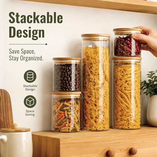 3 Pack 1200 ML / 40 FL Oz Glass Storage Container with Wood Lid, Stackable Clear Decorative Organizer Bottle Canister Pantry Jar with Air Tight Wooden Lid for Food, Coffee, Candy, Sugar, Salt, Tea - Image 3