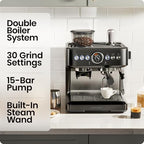 Chefman Crema Deluxe Espresso Machine with Double Boiler, Use Milk Frother and Brew Espresso Simultaneously, Professional Coffee Maker with Coffee Grinder and Steam Wand, 30 Grind Settings - Image 2