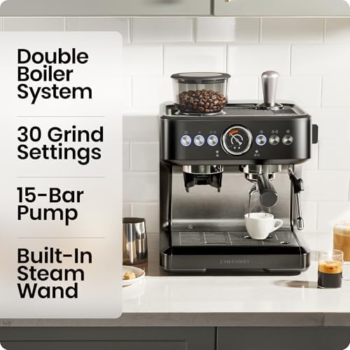 Chefman Crema Deluxe Espresso Machine with Double Boiler, Use Milk Frother and Brew Espresso Simultaneously, Professional Coffee Maker with Coffee Grinder and Steam Wand, 30 Grind Settings - Image 2