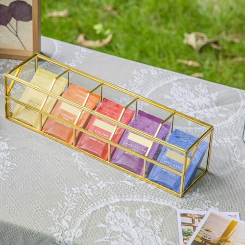 NCYP Glass Tea Bags Organizer with 5 Grids Compartments, Indoor Counter Top Brass Display Case with Lid, Storage Box, Gold, Decor, Teabag Storage, 14.5 x 3.6 x 3.66 Inches (Glass Box Only) - Image 5