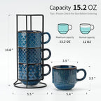 Large Ceramic Coffee Mug Set of 4 with Stand, 15 Oz Stackable Different Embossment Ribbed Latte Cup Set for Cappuccino, Tea, Hot Cocoa, Drinks - Dishwasher & Microwave Safe, Blue - Image 2