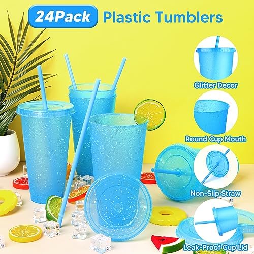 24 Pack Plastic Tumblers with Lids and Straws, Reusable Colorful Cups for Parties, Birthdays, Iced Coffee, Travel, Cold Drink Bulk Tumblers (24 oz, Blue) - Image 3