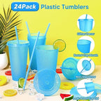24 Pack Plastic Tumblers with Lids and Straws, Reusable Colorful Cups for Parties, Birthdays, Iced Coffee, Travel, Cold Drink Bulk Tumblers (24 oz, Blue) - Image 3