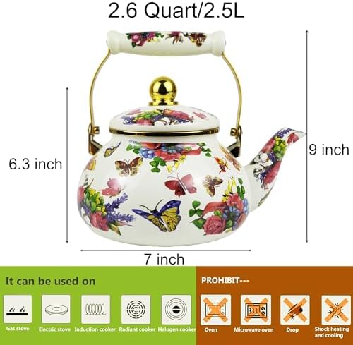 Vintage Enamel Tea Kettle 2.5L Butterfly Boho Floral Stovetop Teapot - Image 6