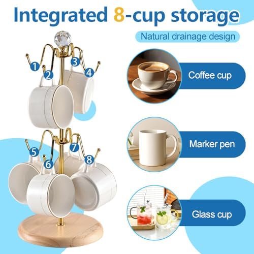Mug Holder Tree, Non-Slip Iron Mug Stand with Wooden Base, 8 Coffee Cups Holder for Kitchen Countertop Organizer - Image 3