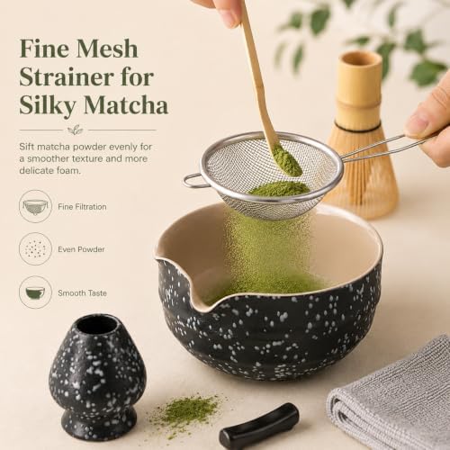 7 Pcs Matcha Set with Bamboo Whisk, Spout Bowl & Holder, Speckled Black - Image 5