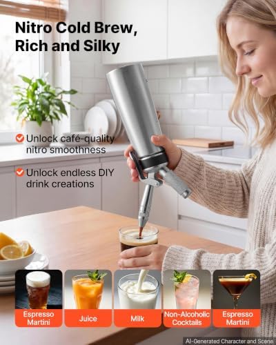 VEVOR Nitro Cold Brew Coffee Maker 17 oz Nitrogen Dispenser System, Home Brew Coffee Keg, Portable Nitrogen Infuser with Dispenser and Pressure Relieving Valve, Gift for Coffee Lovers - Image 2