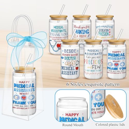 Mumufy 6 Sets Medical Assistants Glass Cups Gifts 16 Oz with Lids Straws - Image 3